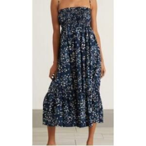 Ciaou Lucia Umbria Midi Dress Womens S Indigo Floral Block Print Smocked Tiered